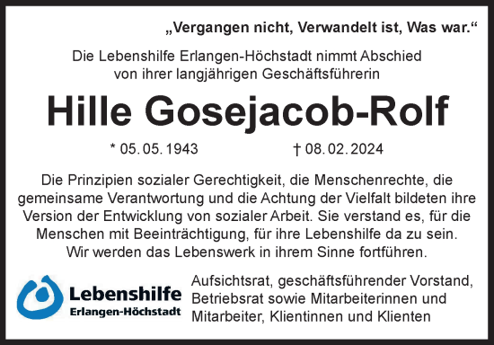 Anzeige von Hille Gosejacob-Rolf von MGO