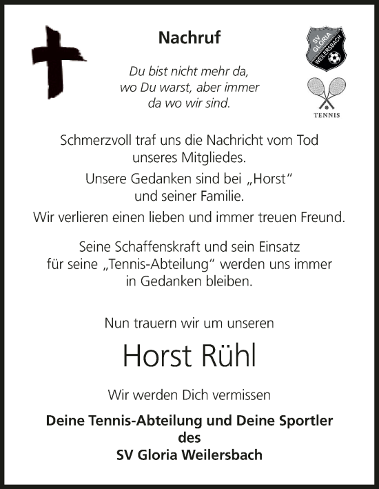 Anzeige von Horst Rühl von MGO