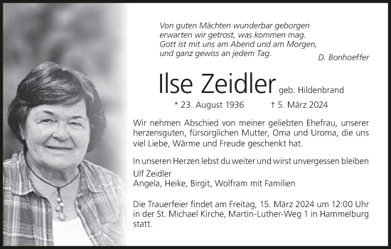 Anzeige von Ilse Zeidler von MGO