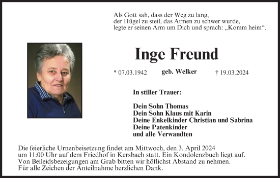 Anzeige von Inge Freund von MGO