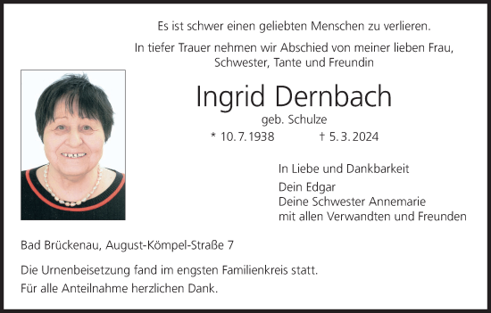 Anzeige von Ingrid Dernbach von MGO