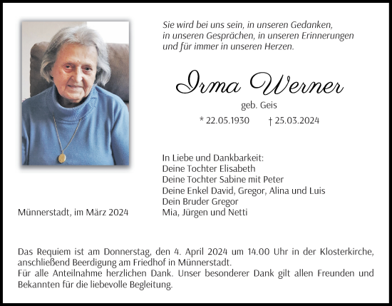 Anzeige von Irma Werner von MGO