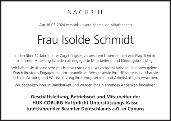 Anzeige von Isolde Schmidt von MGO