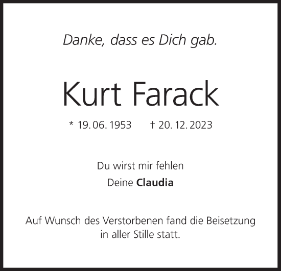 Anzeige von Kurt Farack von MGO