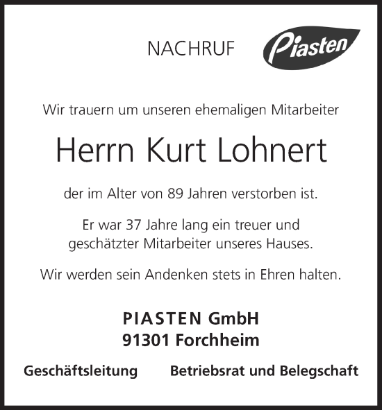 Anzeige von Kurt Lohnert von MGO