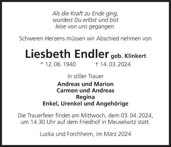 Anzeige von Liesbeth Endler von MGO