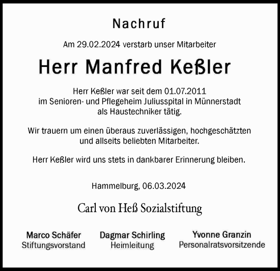 Anzeige von Manfred Keßler von MGO
