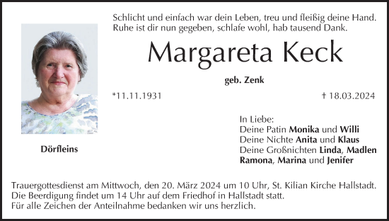 Anzeige von Margareta Keck von MGO