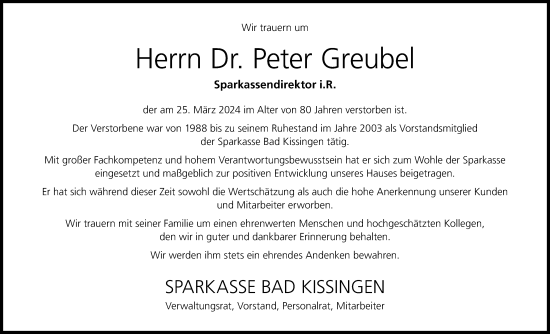 Anzeige von Peter Greubel von MGO