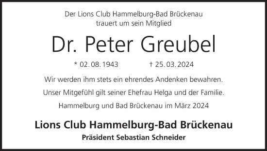 Anzeige von Peter Greubel von MGO