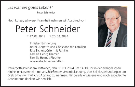 Anzeige von Peter Schneider von MGO