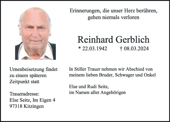 Anzeige von Reinhard Gerblich von MGO