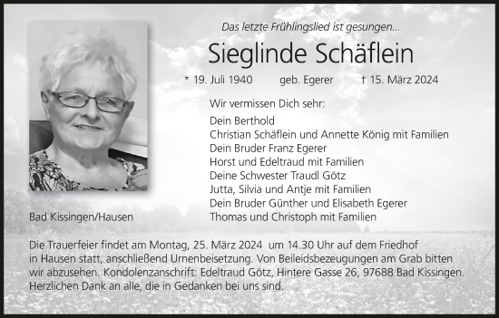 Anzeige von Sieglinde Schäflein von MGO