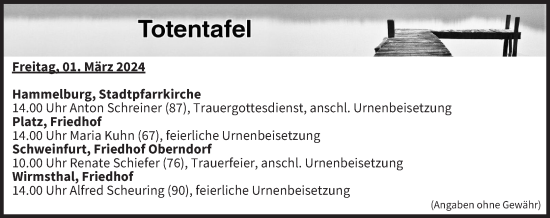 Anzeige von Totentafel vom 01.03.2024 von MGO