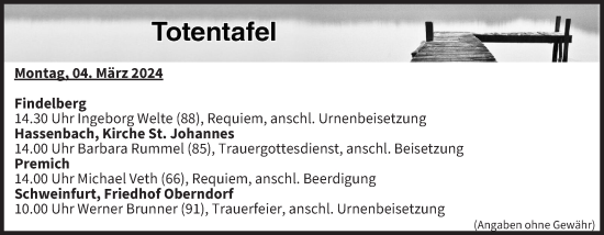 Anzeige von Totentafel vom 04.03.2024 von MGO