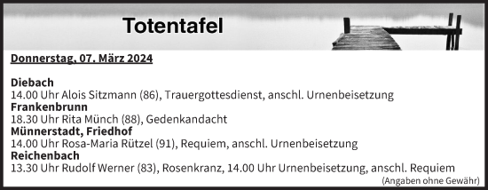 Anzeige von Totentafel vom 07.03.2024 von MGO