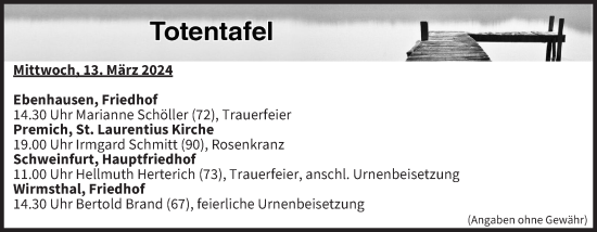 Anzeige von Totentafel vom 13.03.2024 von MGO