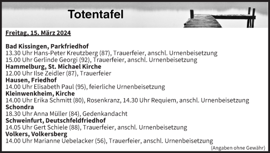 Anzeige von Totentafel vom 15.03.2024 von MGO