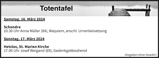 Anzeige von Totentafel vom 16.03.2024 von MGO
