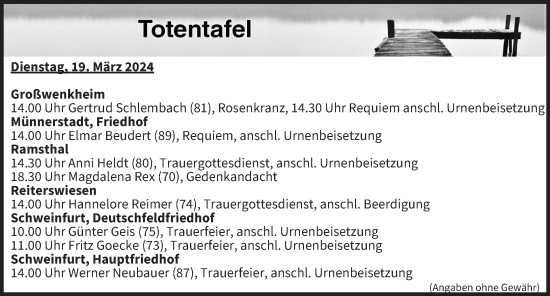 Anzeige von Totentafel vom 19.03.2024 von MGO