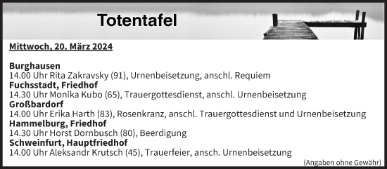 Anzeige von Totentafel vom 20.03.2024 von MGO