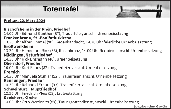 Anzeige von Totentafel vom 22.03.2024 von MGO