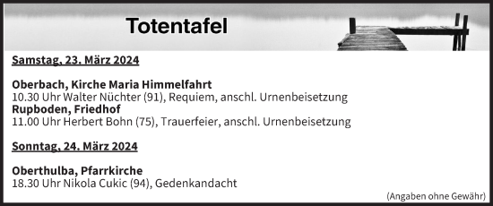 Anzeige von Totentafel vom 23.03.2024 von MGO