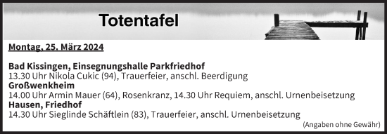 Anzeige von Totentafel vom 25.03.2024 von MGO