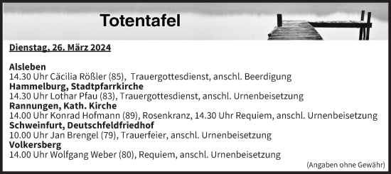Anzeige von Totentafel vom 26.03.2024 von MGO