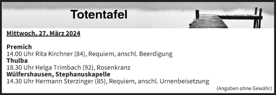 Anzeige von Totentafel vom 27.03.2024 von MGO