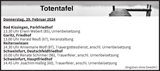 Anzeige von Totentafel vom 29.02.2024 von MGO