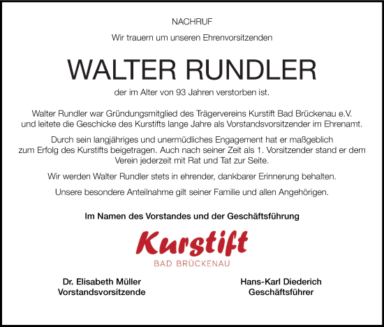 Anzeige von Walter Rundler von MGO