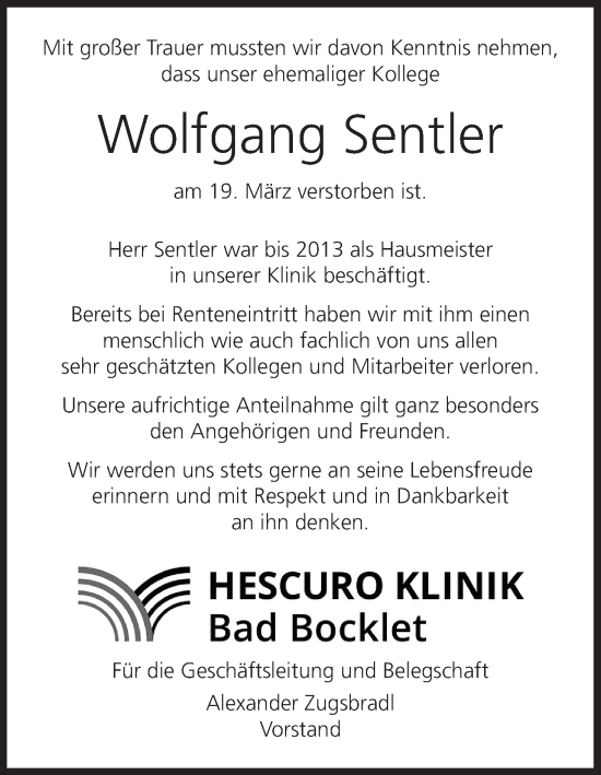 Anzeige von Wolfgang Sentler von MGO