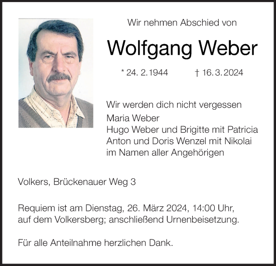 Anzeige von Wolfgang Weber von MGO