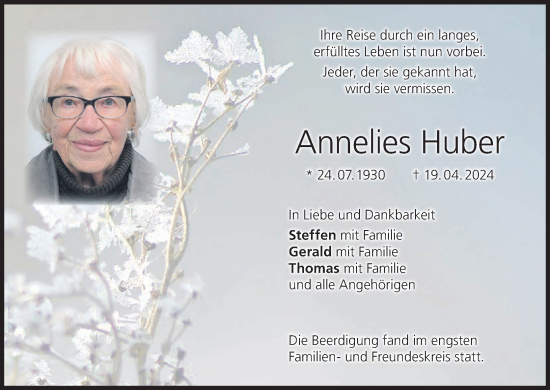 Anzeige von Annelies Huber von MGO