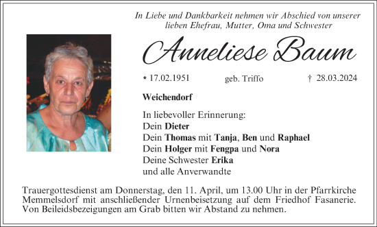 Anzeige von Anneliese Baum von MGO