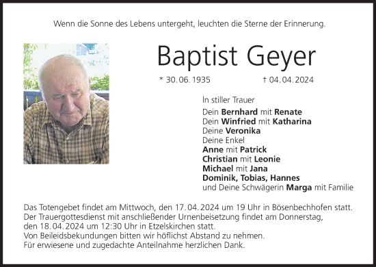 Anzeige von Baptist Geyer von MGO