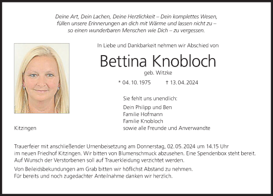 Anzeige von Bettina Knobloch von MGO