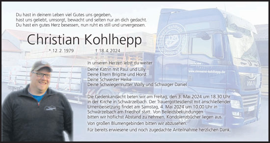 Anzeige von Christian Kohlhepp von MGO