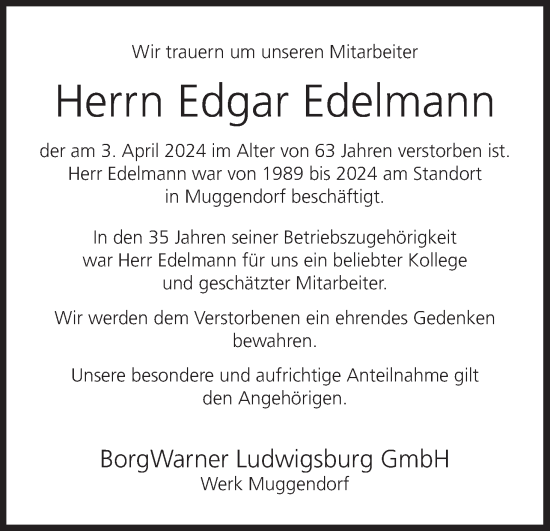 Anzeige von Edgar Edelmann von MGO