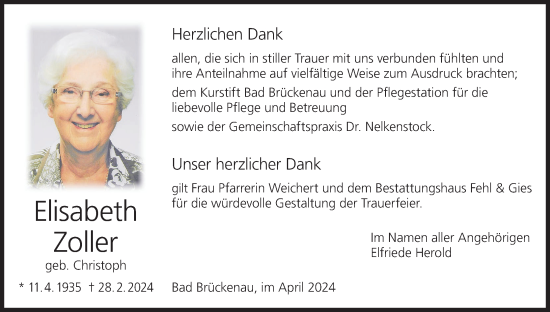 Anzeige von Elisabeth Zoller von MGO