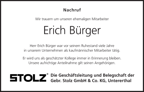 Anzeige von Erich Bürger von MGO