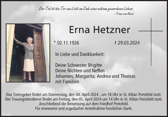 Anzeige von Erna Hetzner von MGO