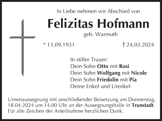 Anzeige von Felizitas Hofmann von MGO
