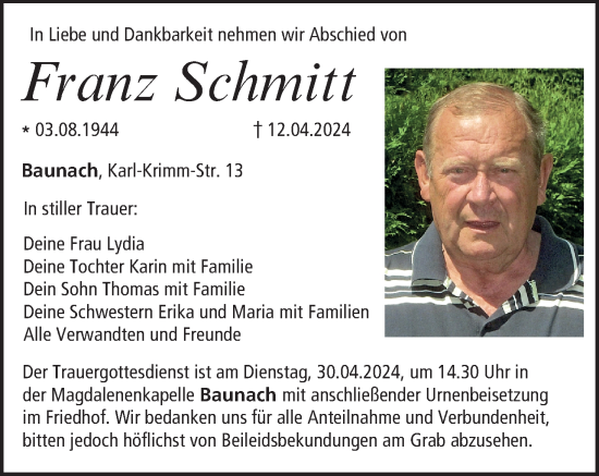 Anzeige von Franz Schmitt von MGO