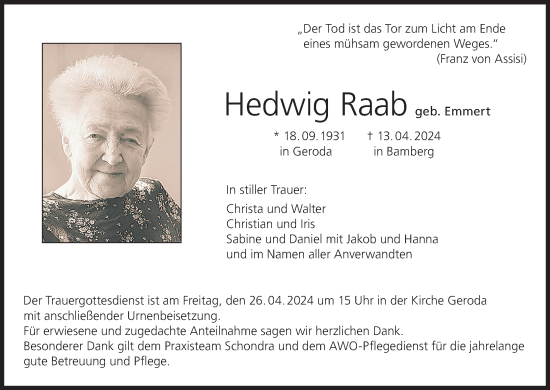 Anzeige von Hedwig Raab von MGO
