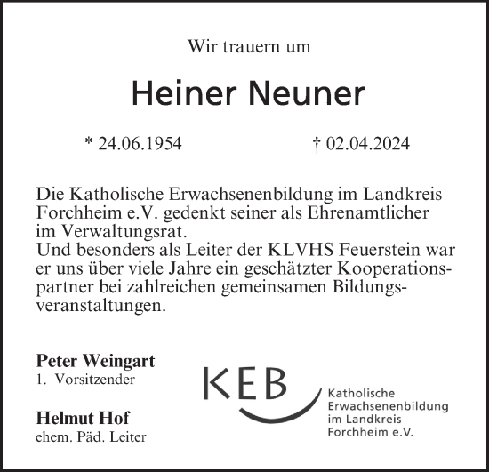 Anzeige von Heiner Neuner von MGO
