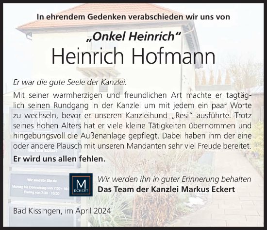 Anzeige von Heinrich Hofmann von MGO