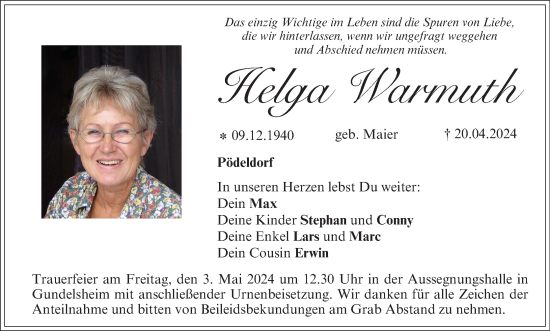 Anzeige von Helga Warmuth von MGO