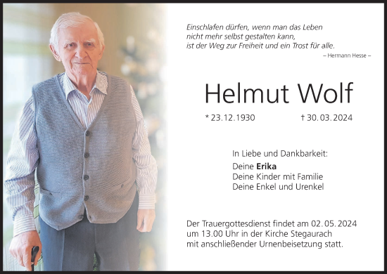 Anzeige von Helmut Wolf von MGO